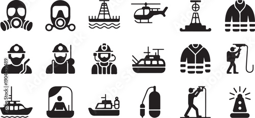 Black Rescue and Emergency Services Silhouette Icon Set Vector Illustration, black and white silhouette, vector and illustration	