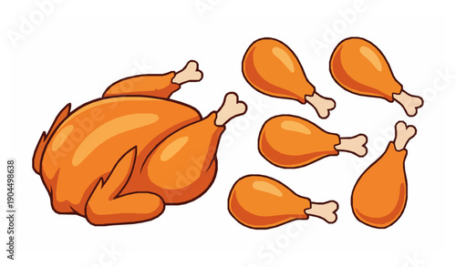 Fried chicken meat cartoon vector set whole roast chicken and crispy legs isolated on white