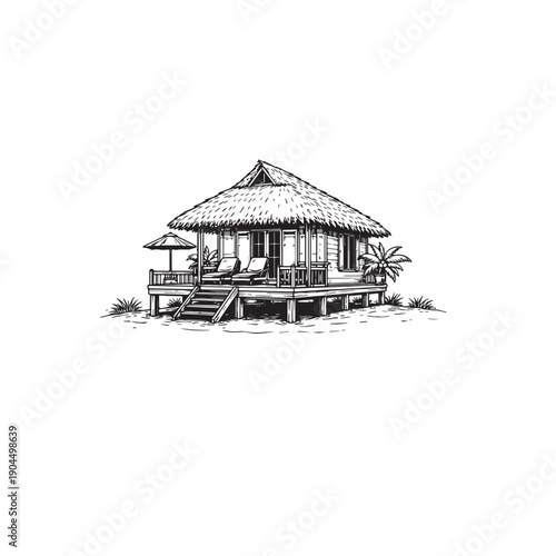 House with a thatched roof and palm trees on the ocean shore vector sketch