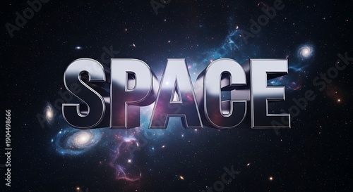 Shiny space text overlay on cosmic galaxy background
