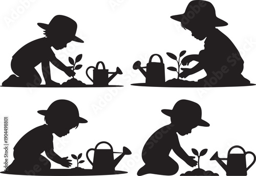 Black Child Gardening Silhouette Planting Seedling Vector Illustration set, black and white silhouette, vector and illustration