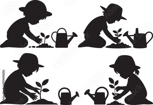 Black Child Gardening Silhouette Planting Seedling Vector Illustration set, black and white silhouette, vector and illustration