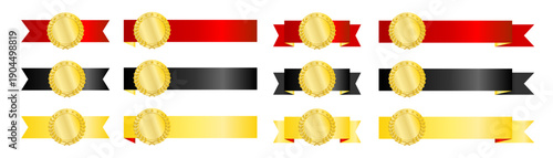 立体的な赤とブラックとゴールドのリボンに金メダルを添えた高級認定バッジ風デザイン素材