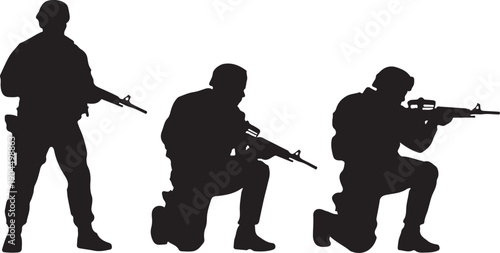 Black Military Soldier Silhouette Vector Set Tactical Illustration, black and white silhouette, vector and illustration
