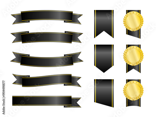 ブラックのカーブリボンと縦型タグパーツを組み合わせた重厚感のある装飾リボン集