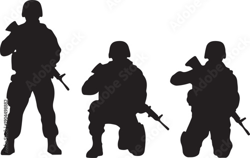 Black Military Soldier Silhouette Vector Set Tactical Illustration, black and white silhouette, vector and illustration