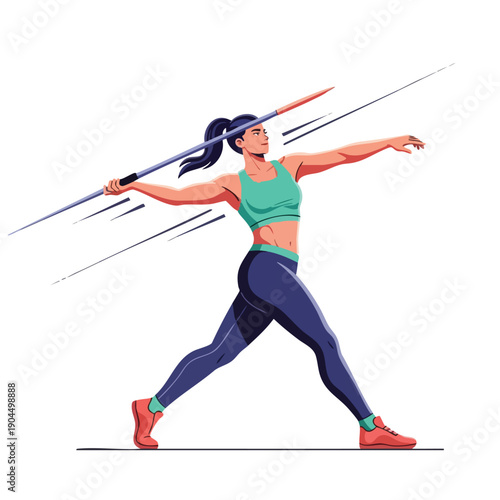 A female athlete in a dynamic track and field pose, throwing a javelin with motion lines, wearing athletic gear against a clean white background.