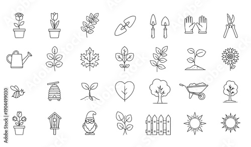 Editable stroke line icons of gardening and leaves for adverts and books