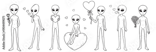 Aliens and Valentine's Day sketch vector line drawing set