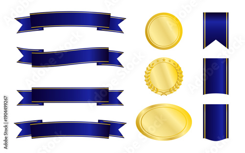 ネイビーブルーの光沢リボンと金メダルの組み合わせによる格式高いバッジデザイン集