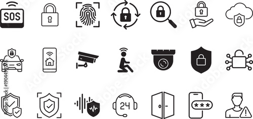 Cybersecurity and Surveillance Vector Icon Set – 24 Modern Flat Security Symbols for Digital Protection, Privacy, Access Control, and Emergency Safety