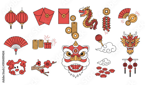 Chinese New Year line icon set with festive decorations for web and print