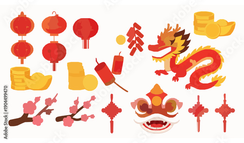Cheerful cartoon Chinese New Year vector illustrations for banners and infographics