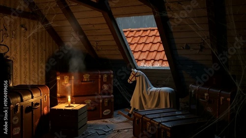 Cozy Attic Room with Fireplace and Furniture.
