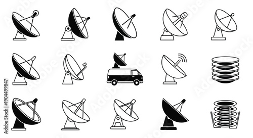 Collection of varied black and white satellite dish icons representing communication technology and signal transmission