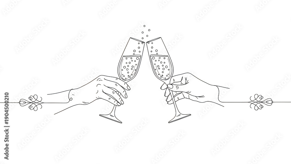 Fototapeta premium Continuous Line Art Of Champagne Toast On Black Background