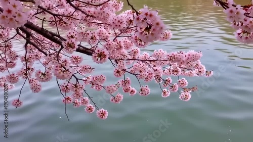 Wallpaper Mural Pink cherry blossoms over a calm water surface Torontodigital.ca