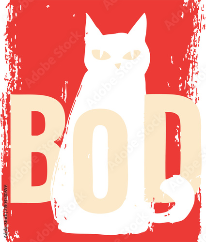 A graphic design featuring a white cat with yellow eyes sitting on top of large, bold letters on a vibrant red background with a distressed texture, giving it a retro feel.