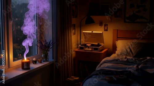 Cozy Bedroom with Incense and Nightstand Lamp.