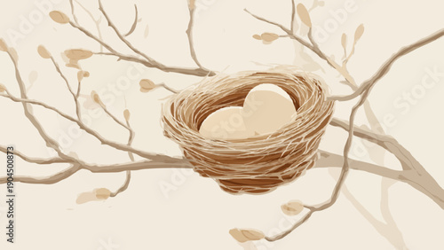 Flat Vector Illustration of Edible Bird Nest with Eggs on Tree Branches 1