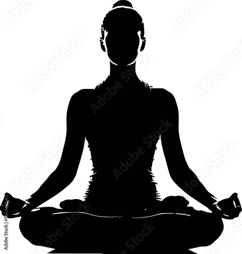 Yoga Meditation Pose Silhouette, Zen Mindfulness and Relaxation Outline
