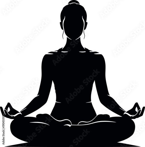 Yoga Meditation Pose Silhouette, Zen Mindfulness and Relaxation Outline
