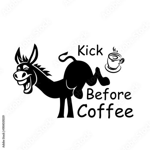 Funny donkey face mascot logo with playful hand drawn typography, kick before coffee, black and white cartoon SVG
