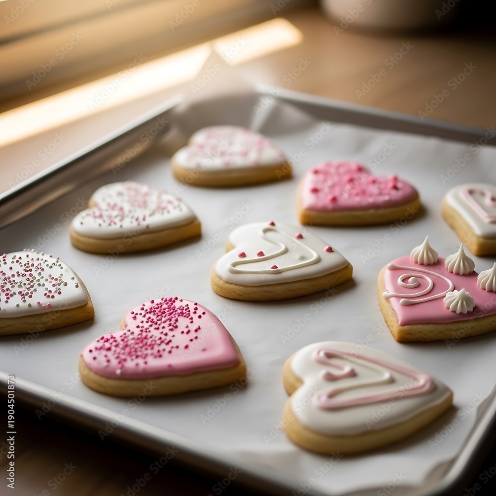 Fototapeta premium Heart-shaped sugar cookies on a baking sheet, featuring pink and white icing with sprinkles, creating a sweet and lovely pattern for celebrations