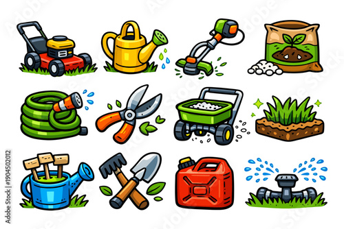 Colorful gardening tools collection with lawn mower and watering can.