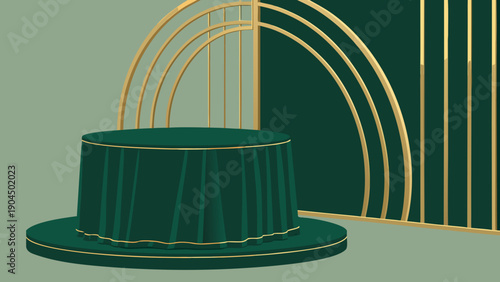 Elegant Dark Green Stage with Gold Accents and Arches for Luxury Events or Product Display
