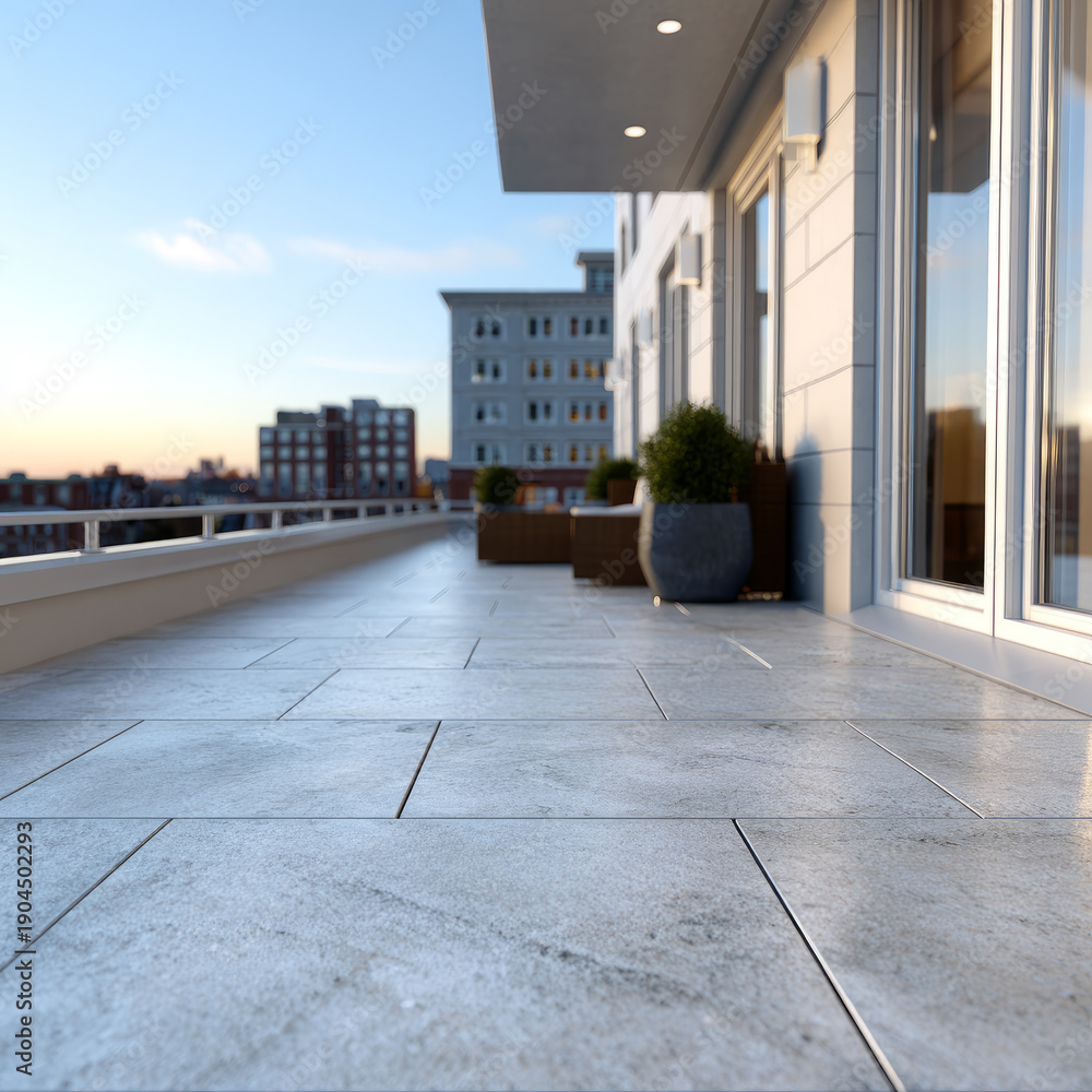 Obraz premium Modern urban rooftop terrace with city skyline view at sunset