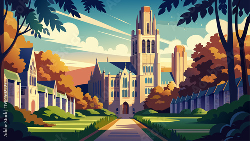 Very beautiful exploration view of Yale University’s Neo-Gothic architecture near Sterling Memorial Library, highlighting vertical stone forms and a timeless atmosphere of knowledge and scholarship.