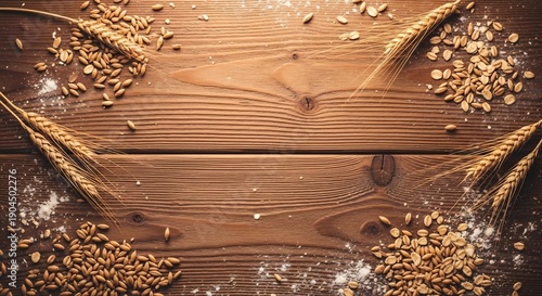 Rustic wooden table with wheat grains and flour perfect for food photography and culinary themes.