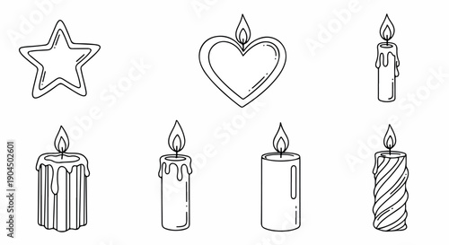 Line drawing of various candle and heart star shapes on white background