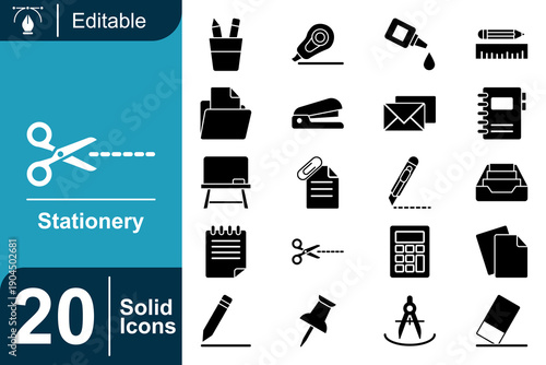 Stationery icons for business and education purposes scissors, stapler, pens, calculator, and more solid graphics