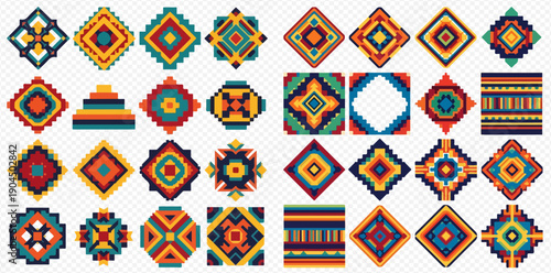 Set of colorful pixel art geometric patterns and ornaments inspired by traditional ethnic motifs.