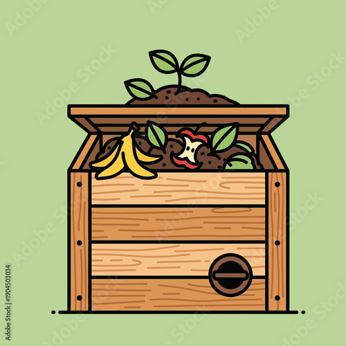 Compost bin with organic waste and growing plant on green background