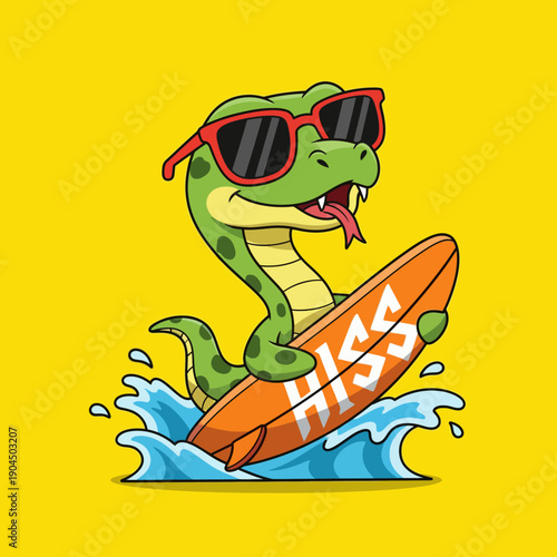 Cool Green Snake Surfer with Sunglasses and Hiss Surfboard.