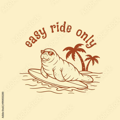 Cool Manatee Surfer with Sunglasses on a Surfboard.