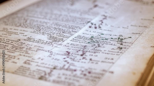 Close-up view of an old, detailed handwritten document with numerous small markings and text.