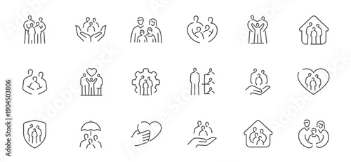 Family, care and protection line icons. Linear style symbols vector collection for healthcare, insurance