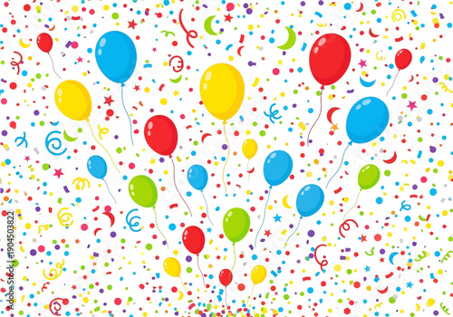 Dynamic Celebration Background with Floating Colorful Balloons and Exploding Confetti Streamers for Festive Events and Joyful Occasions