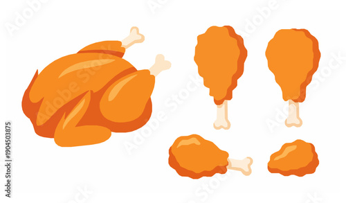 Cartoon fried chicken vector illustration set crispy drumsticks and roast chicken on white