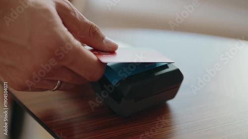Close-up of a hand holding a credit card and tapping it on a POS terminal to make a secure and fast contactless payment, symbolizing modern financial transactions and consumer convenience