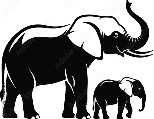 Elephant mother and baby illustration in black silhouette style, wildlife family bond, African animal vector design for nature concepts