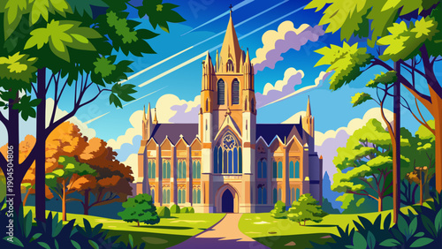 Very beautiful low-angle view of Yale University cathedral-style architecture framed by blue sky and green trees, emphasizing scale, craftsmanship, and historic academic identity.