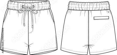 Black and White Technical Vector Illustration of Unisex Drawstring Swim Shorts Front and Back View for Fashion Design Manufacturing Summer Activewear and Clothing Tech Pack