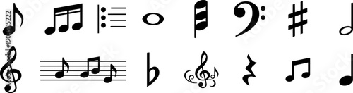 Music Notation Icons Set – Minimalist Black and White Notes, Clefs, Accidentals and Staff Symbols