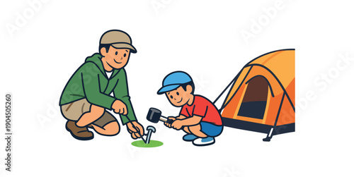 kid helping parent hammer tent pegs into ground with small rubber mallet helping at campsite clean shapes. colored flat icon vector illustration