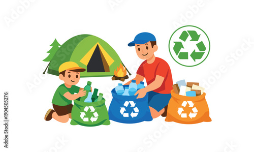 parent and kid sorting trash into bags with recycle icon near tent eco friendly family camping clean shapes. colored flat icon vector illustration
